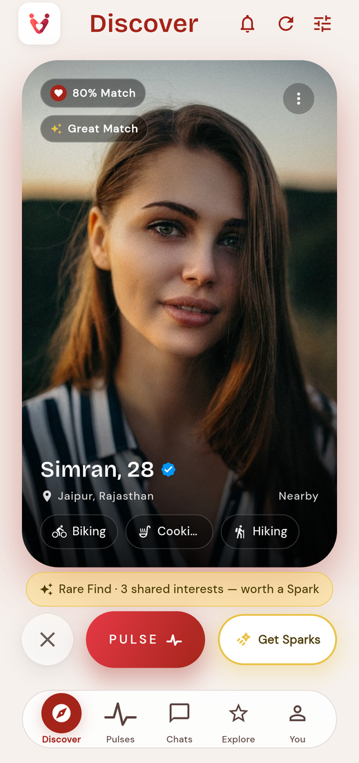 Vyra Discover — Simran, 28, 80% match, verified